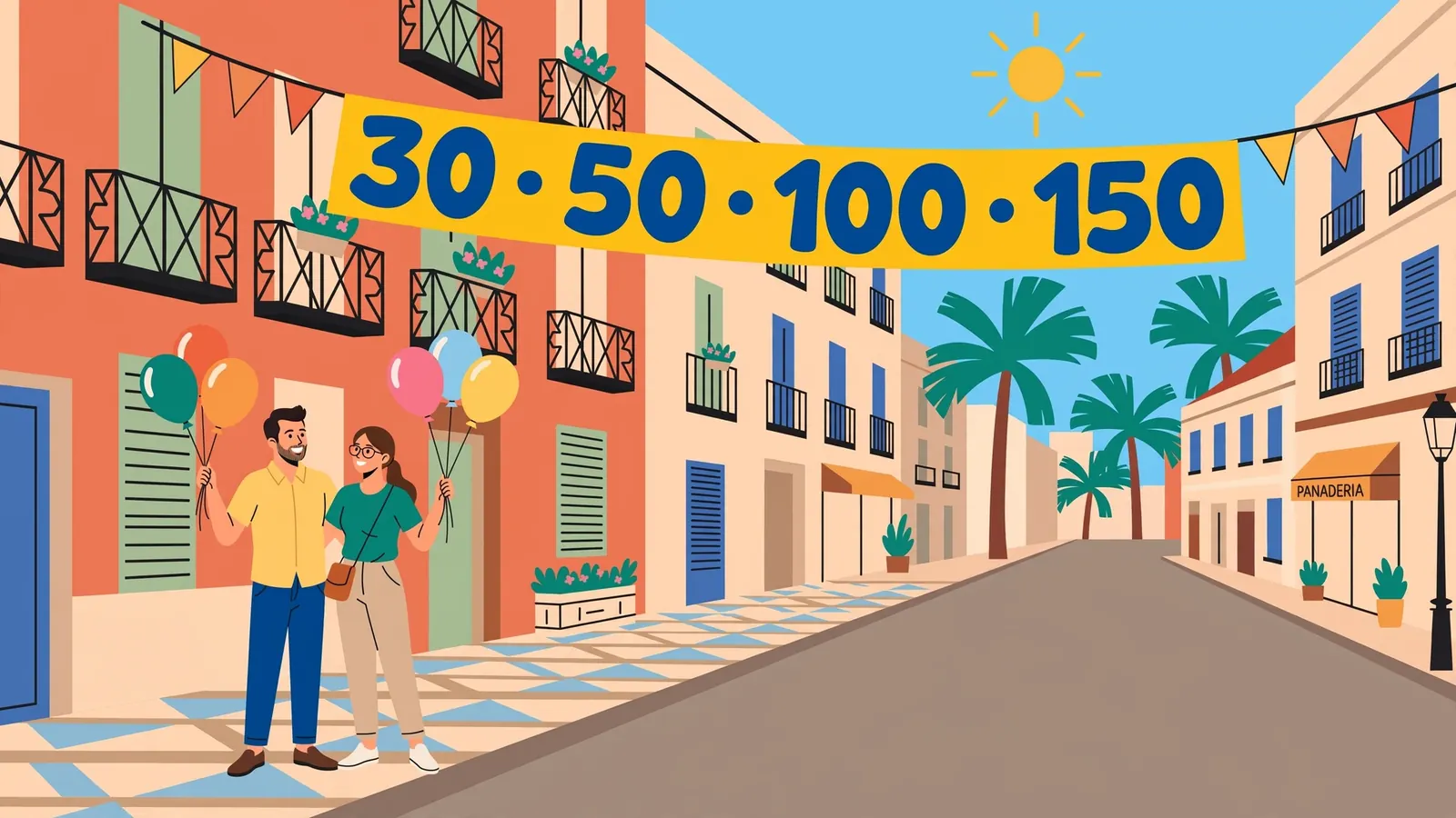 Calle soleada de Madrid con pancarta de giros gratis y pareja alegre