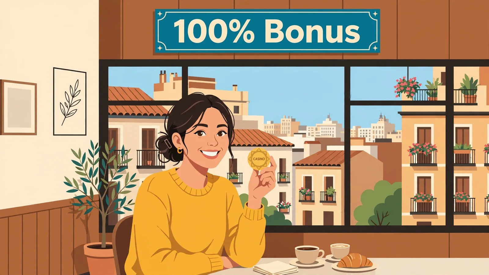 Mujer feliz en café de Madrid con ficha de casino y señal de bono del 100%.