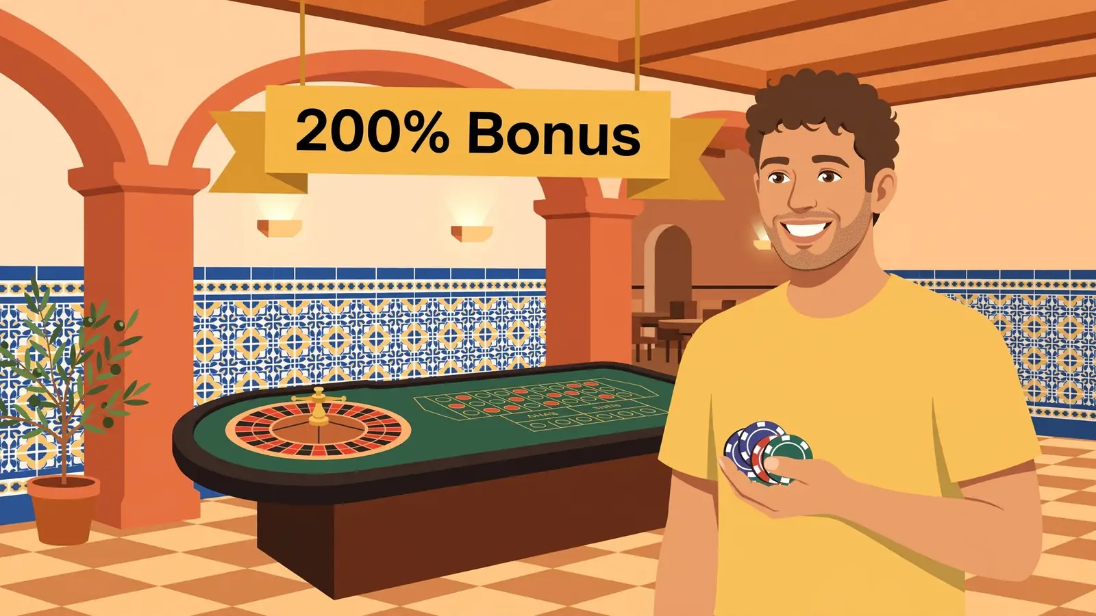 Joven en casino español con fichas y banner del 200% de bonificación