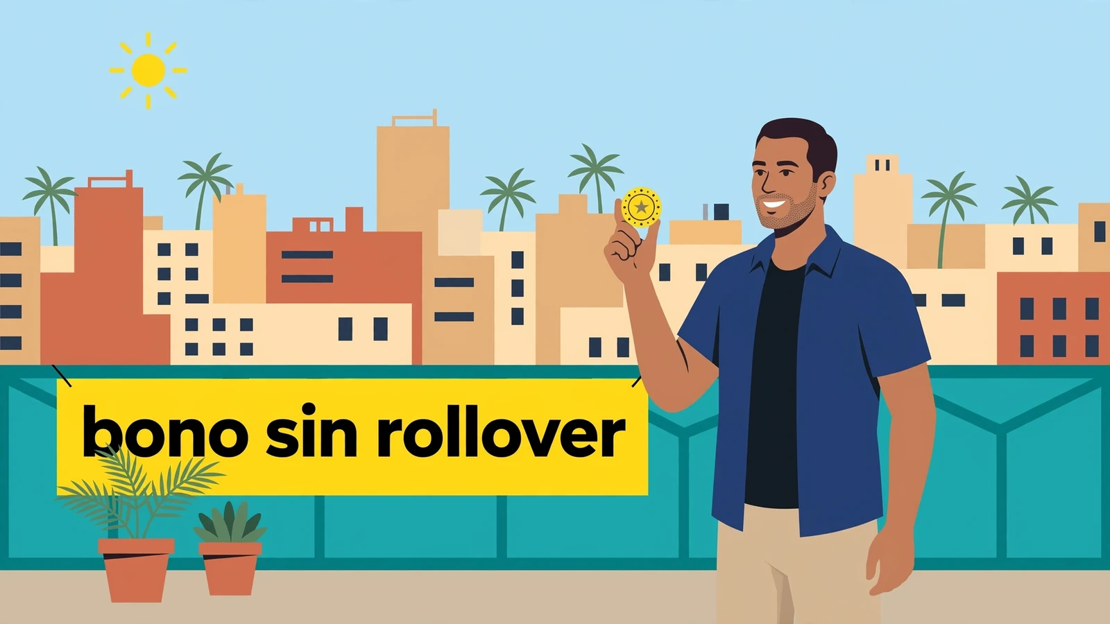 Jugador español con ficha de casino en terraza soleada, banner de bono sin rollover.