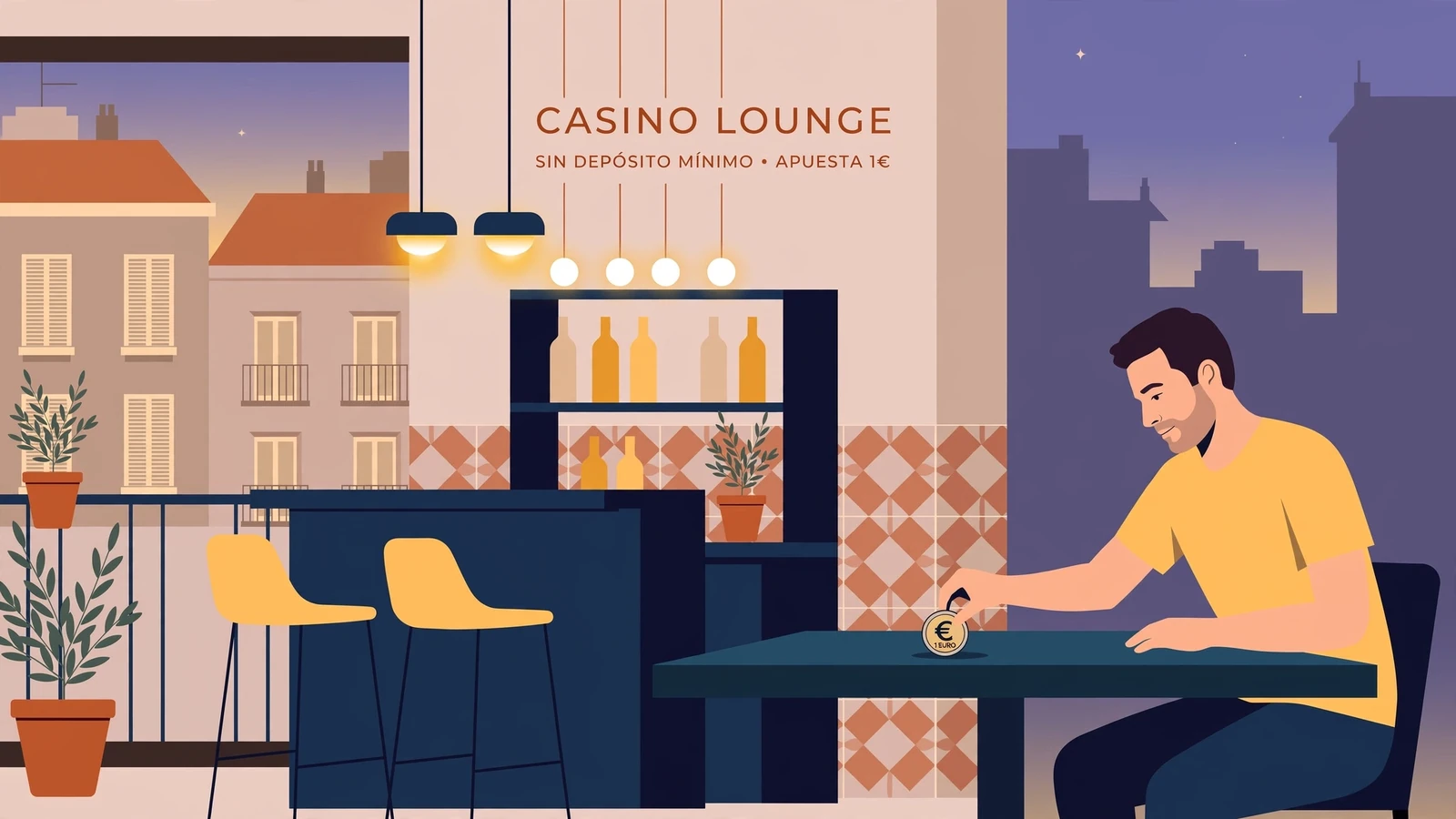 Lounge de casino en Madrid con luz tenue y una moneda de un euro.