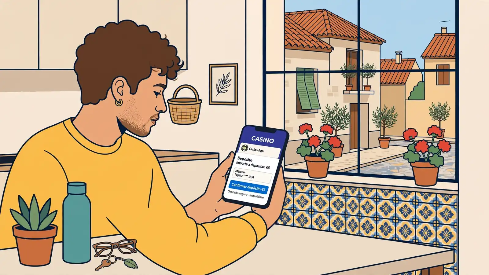 Persona española haciendo un depósito de 5 € en un casino online desde su móvil.