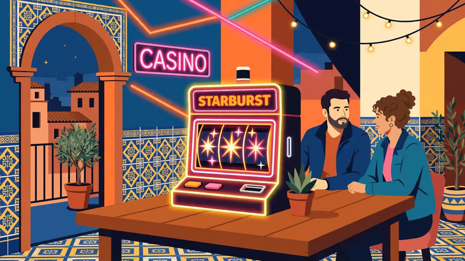 Casino español con máquina Starburst brillante y luces de neón