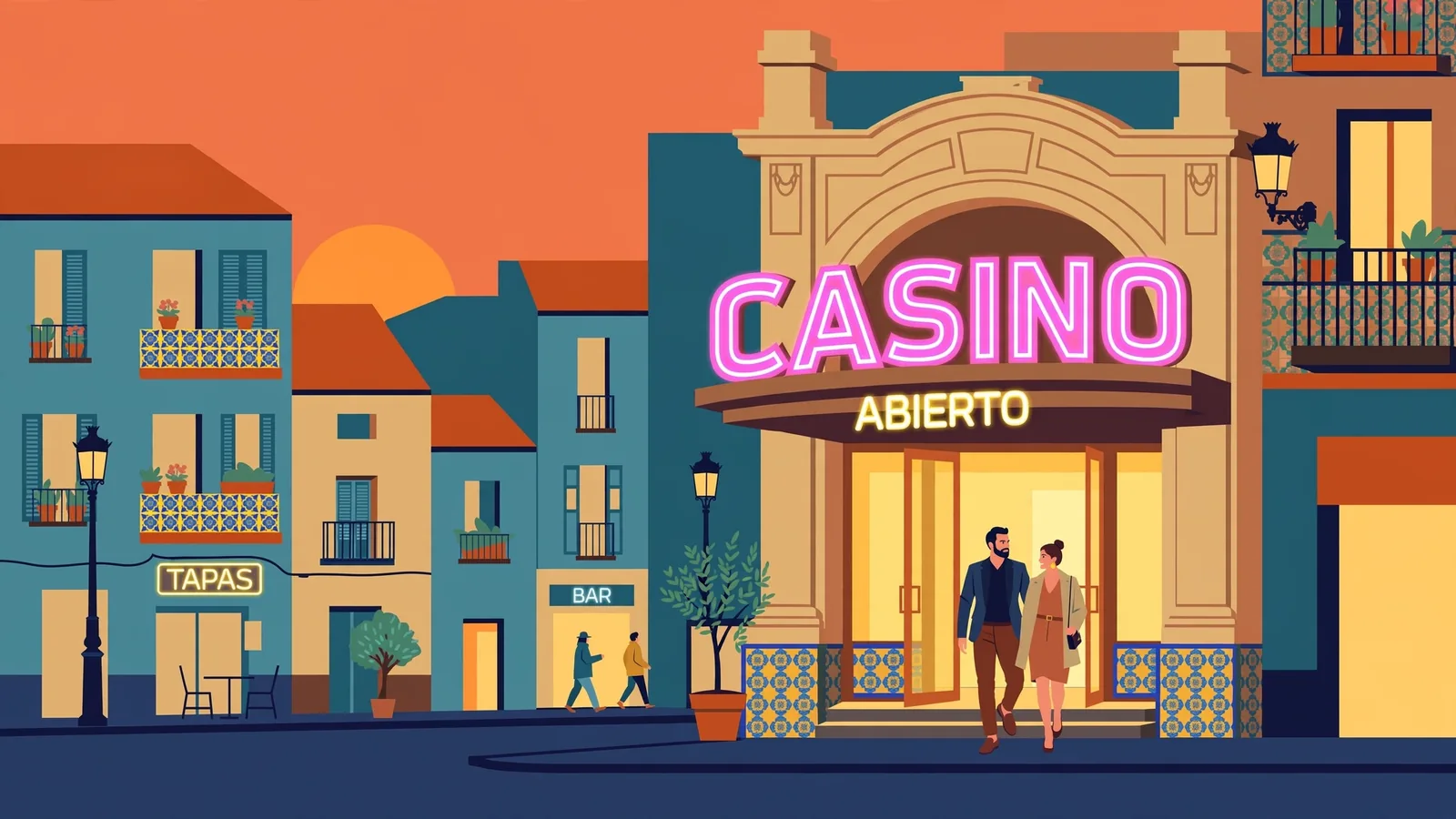 Pareja elegante entrando a casino en una calle madrileña al atardecer.