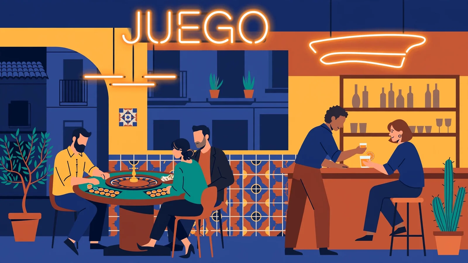 Lounge de casino nocturno en España con luces neón y ruleta