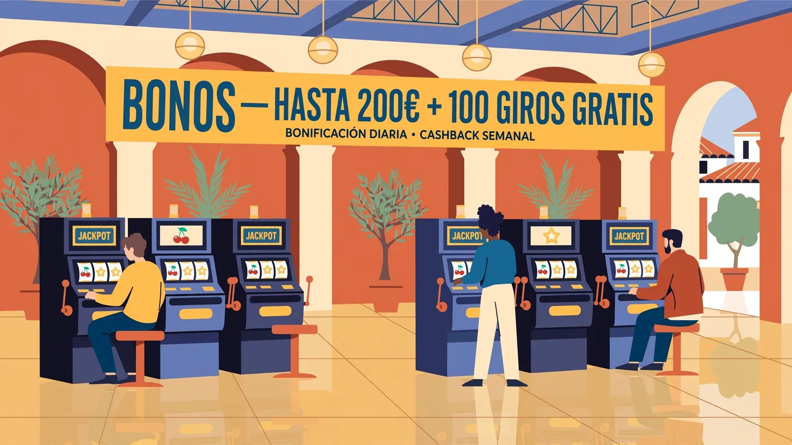 Interior de casino español con luces cálidas y jugadores en máquinas tragamonedas