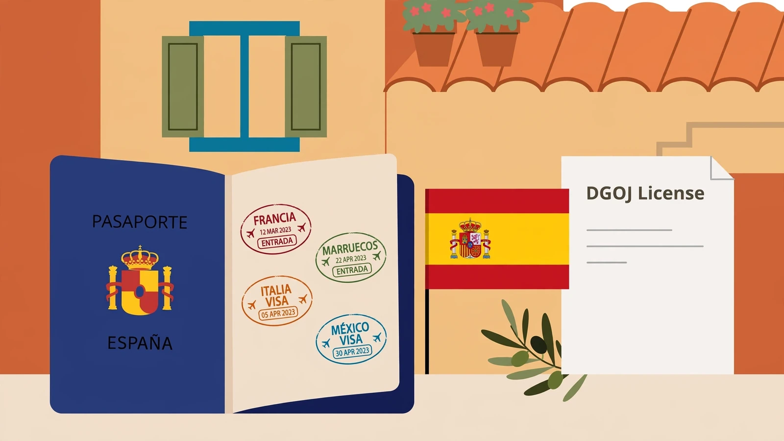 Pasaporte con sellos de varios países y bandera española junto a documento de licencia