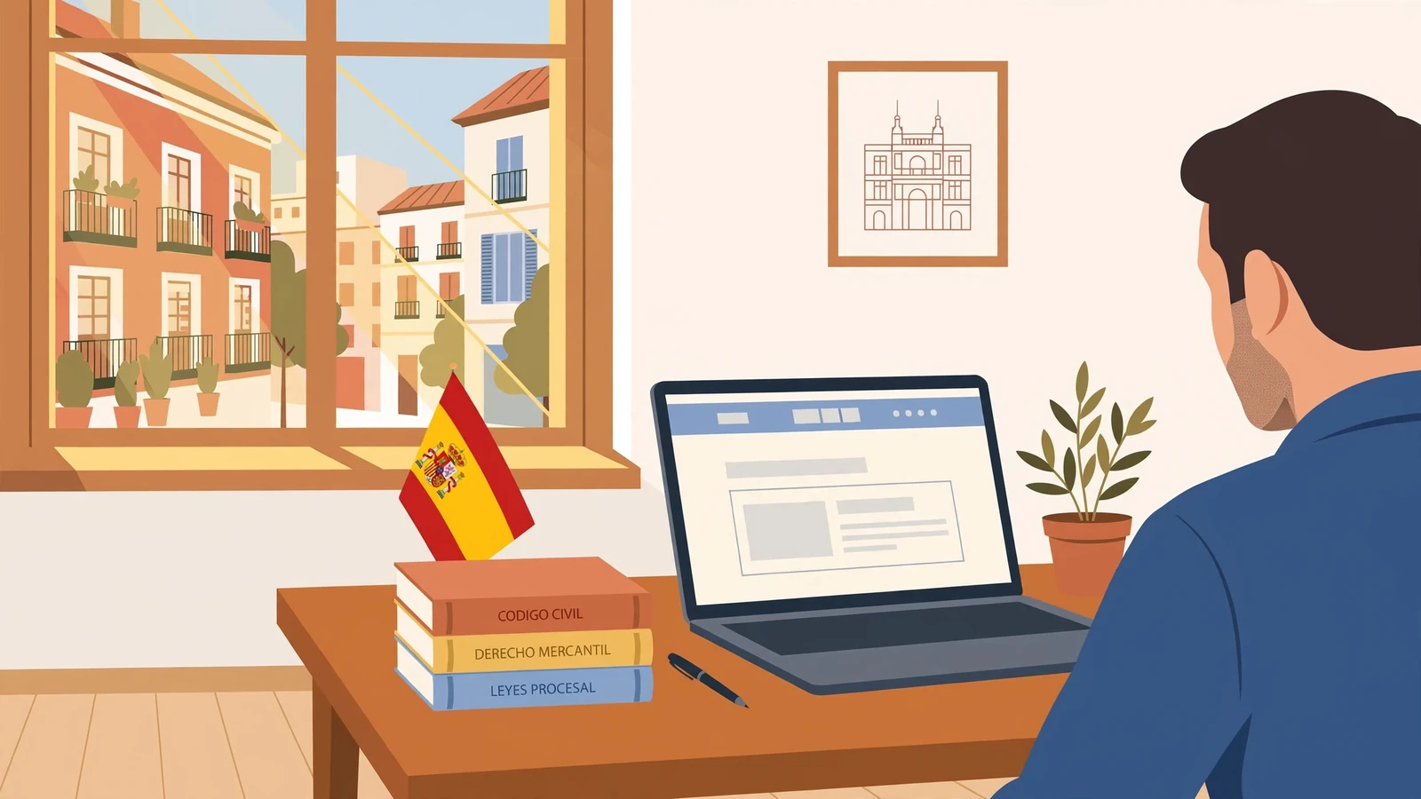 Oficina legal en Madrid con bandera española y libros de derecho