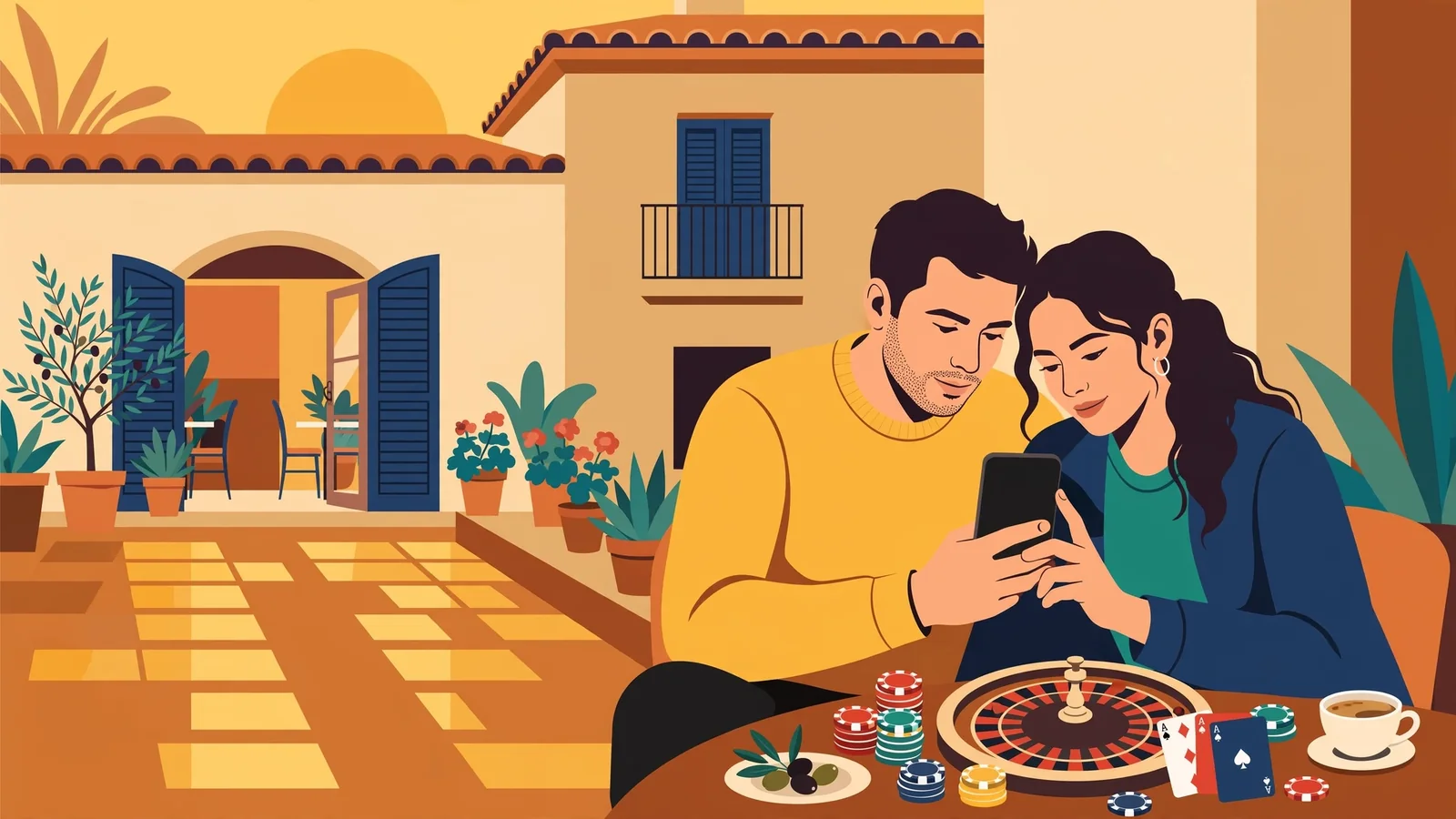 Pareja en terraza española con chips de casino al atardecer