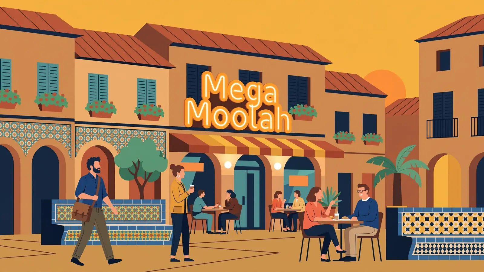 Escena nocturna en una plaza española con letrero brillante de Mega Moolah