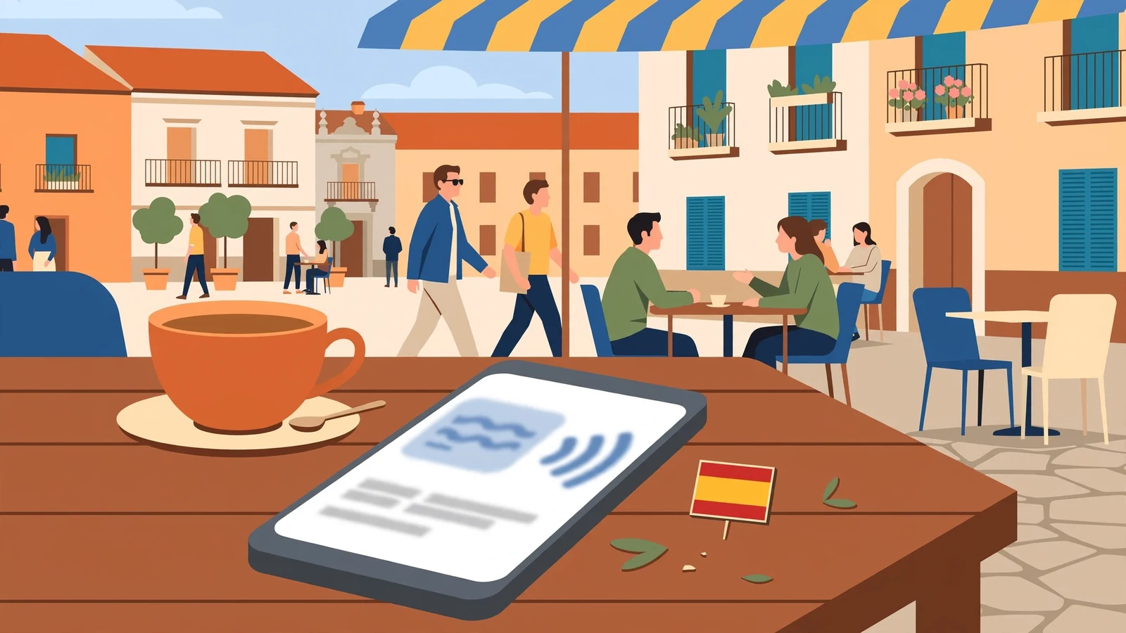 Smartphone en mesa de café con ambiente español y bandera.