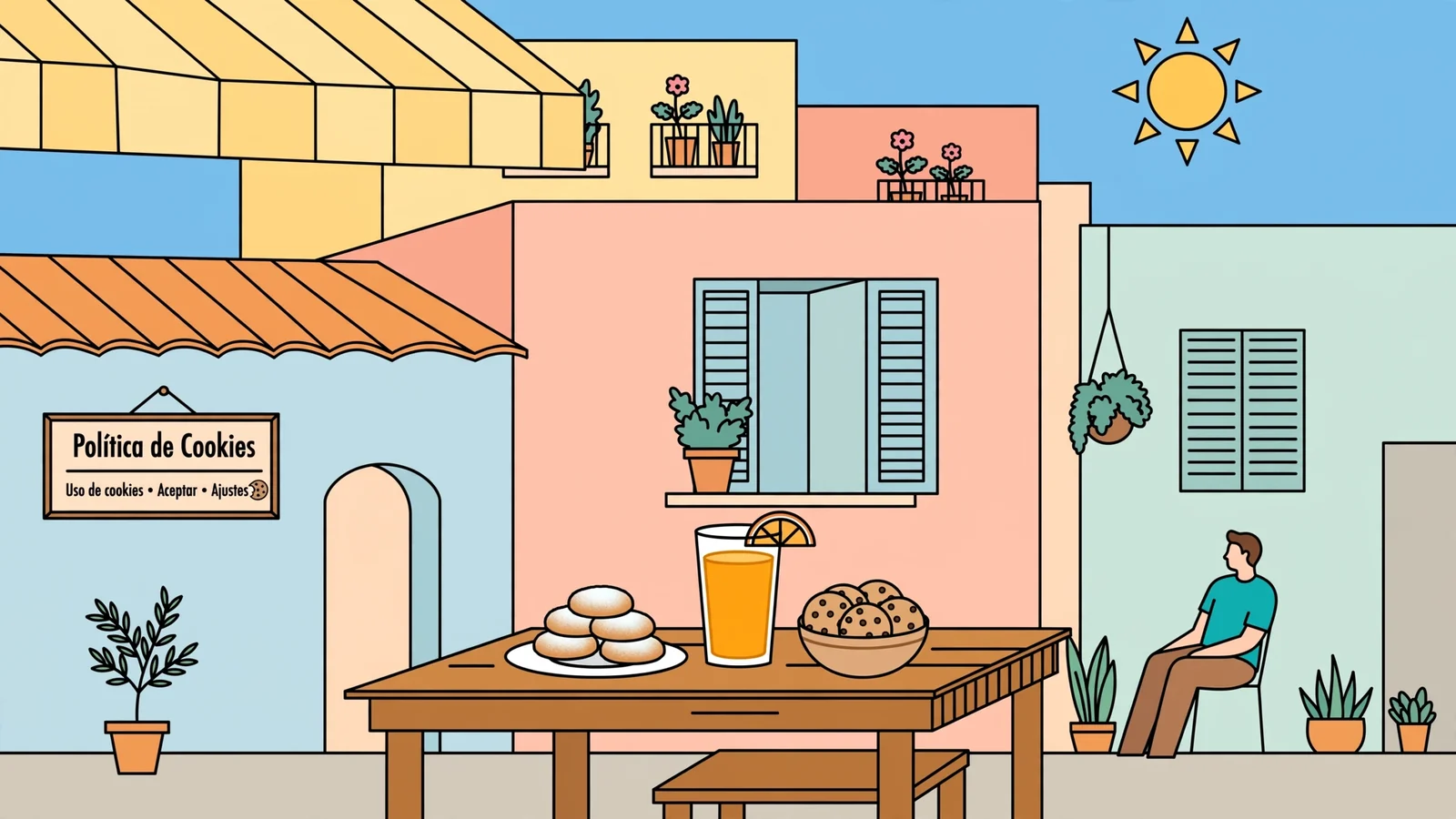 Café español con galletas y jugo bajo cielo azul