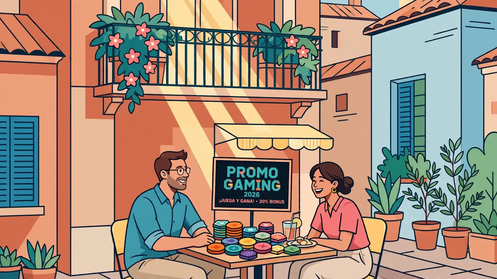 Pareja joven con fichas de casino en una terraza de café español bajo luz solar.
