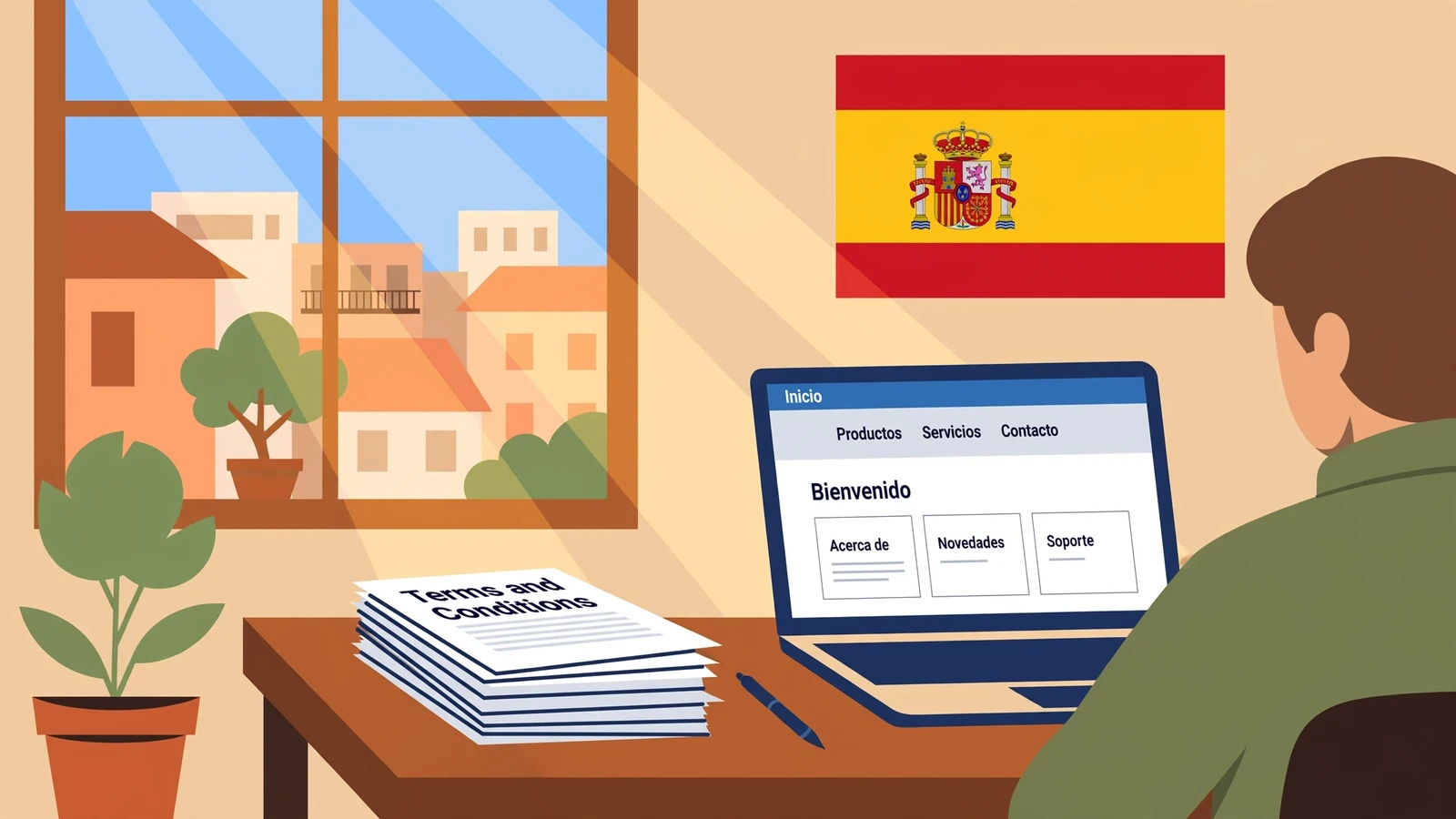 Escena de oficina con documentos de términos y bandera española