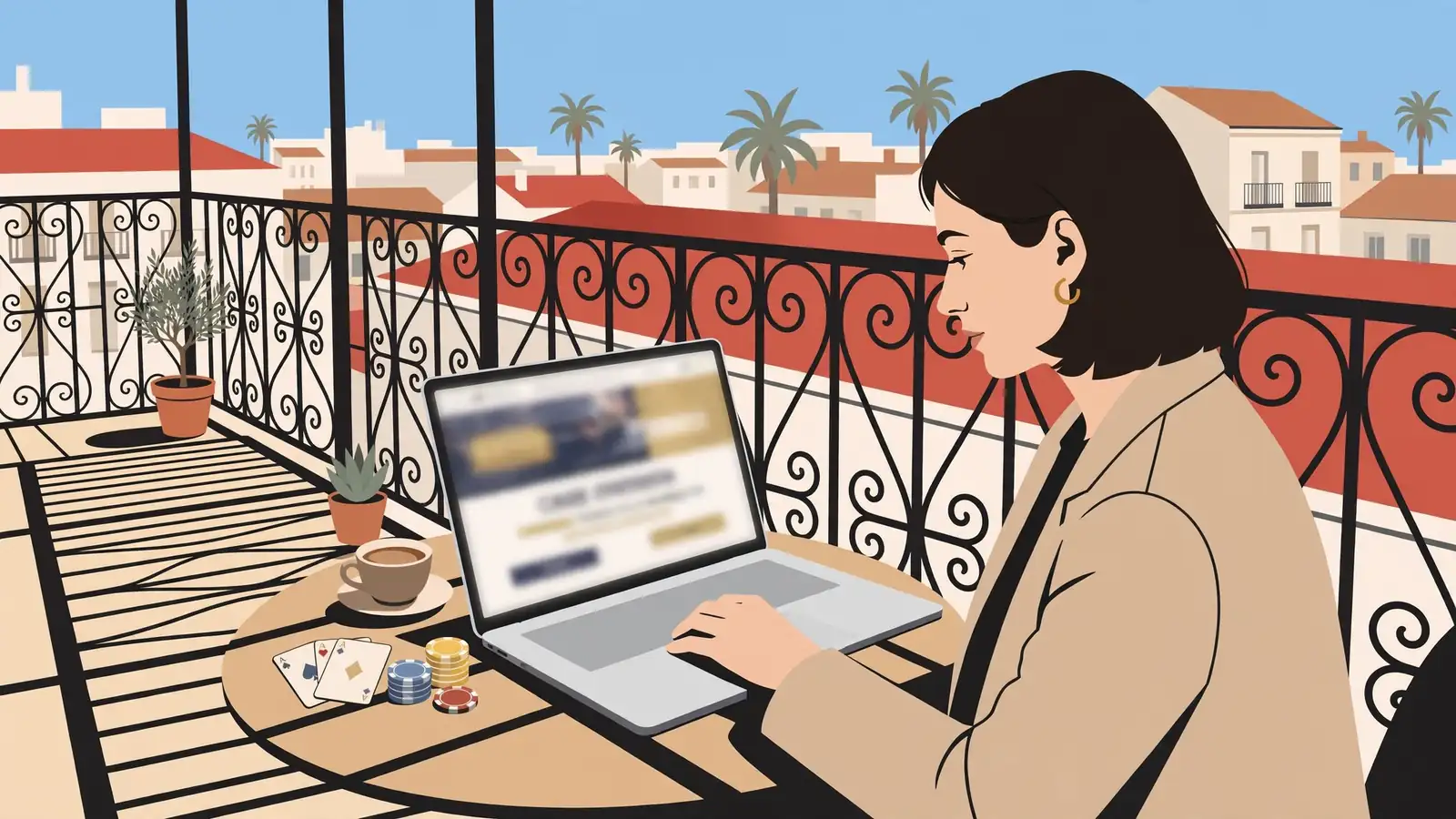 Mujer en terraza de café con laptop y fichas de casino